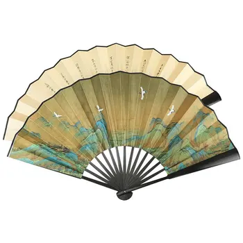 Складной вентилятор в китайском винтажном стиле, пейзаж с деревянной ручкой, Складной вентилятор, старинный стиль, Мужской и женский летний прохладный вентилятор