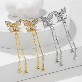 Трендовые роскошные серьги-гвоздики со стразами и бабочками, металлическая цепочка с длинной кисточкой, эффектные серьги-капли для женщин, Корейские модные украшения