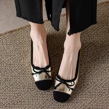 Удобная обувь на плоской подошве, разноцветные женские тонкие туфли с квадратным носком, элегантные повседневные туфли с бантом на низком каблуке