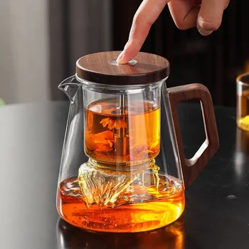 Фильтрующие стеклянные чайники для разделения чая в один клик С деревянной ручкой, Внутренний контейнер для отделения воды для чая, чайник для чая Кунг-фу, Чайный набор