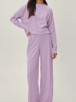 Фиолетовая пижама Linad для женщин, комплекты из 2 предметов, трикотажные пижамы в рубчик с круглым вырезом и длинным рукавом, Женские свободные брючные костюмы, осенние повседневные
