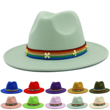 Шляпы Fedora с широкими полями, шляпа Радуга ремень вентилятора для взрослых шляпа Джаз шапки фетровые шляпы шапка Леди дерби фетровые шляпы женщины вводная часть крышки