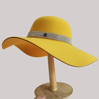 Элегантная женская фетровая шляпа со стразами, куполообразная шляпа для вечеринки в стиле Хепберн, фетровая шляпа, женская церковная шляпа, широкополая шляпа-ведро