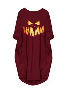 Женское платье для сна на Хэллоуин, Свободное, с круглым вырезом, с длинным рукавом, с принтом Гримасы, с карманом для сна, ночная рубашка