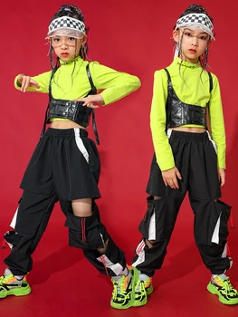 Одежда для джазовых танцев для девочек, костюм в стиле хип-хоп, зеленые топы, черные брюки в стиле хип-хоп, детский костюм для современного танцевального представления, Kpop Наряд BL9899