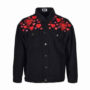 Оригинальная джинсовая куртка с вышивкой в виде сердца, пальто, уличная мода, повседневная одежда для мужчин и женщин в одном стиле, стиль пары