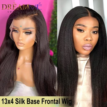 Парик Yaki Straight Silk Top 13x4 с кружевом спереди, предварительно выщипанный из вьющихся детских волос, Corase Yaki 4x4 с шелковой основой из человеческих волос для женщин