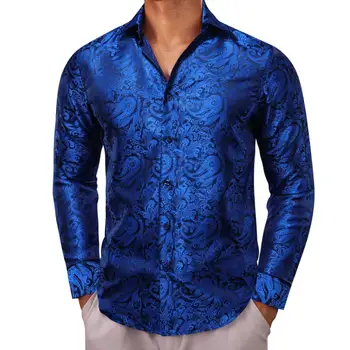 Роскошные рубашки с длинным рукавом для мужчин, Шелковые мужские блузки Royal Blue Paisley Slim Fit, Повседневные вечерние топы, Дышащие Barry Wang