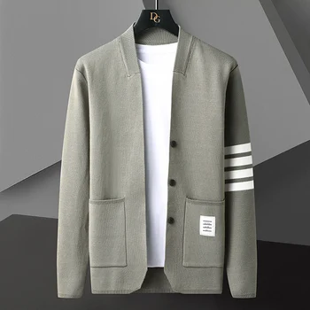 Элитный бренд, роскошный вязаный кардиган для молодых мужчин, корейская версия, повседневный свитер с четырьмя полосками, пальто, весна и осень, новинка
